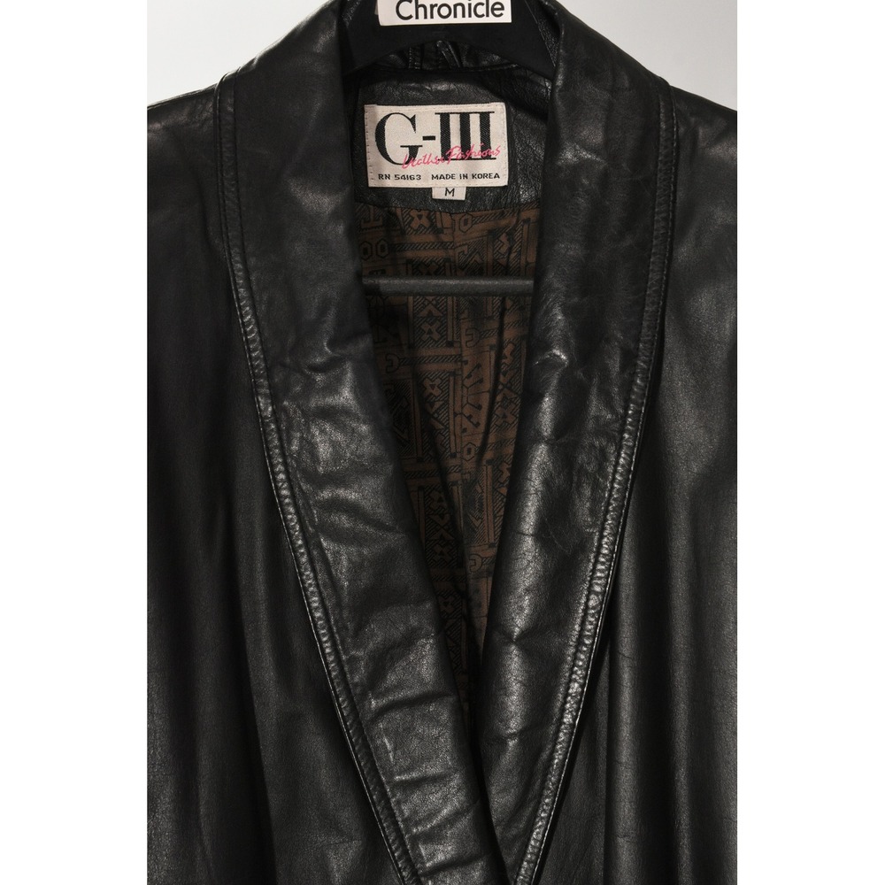 G III Leather Coat Womens M Black Double Breasted Long Vintage 90s Button Front - Picture 5 of 9